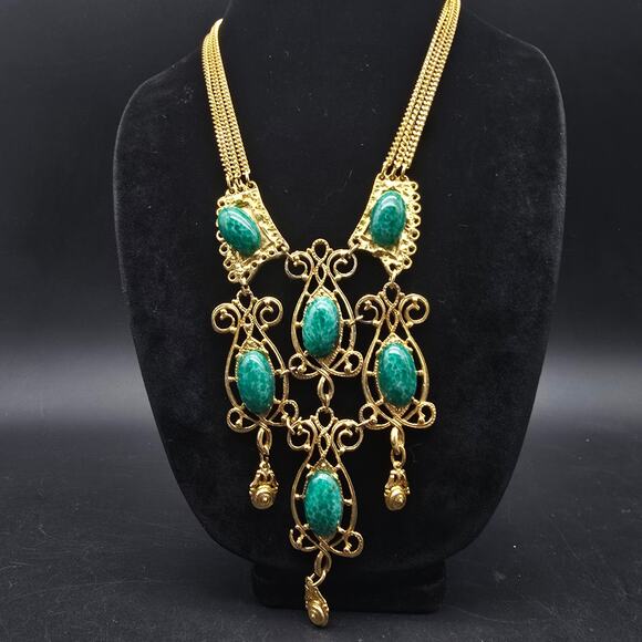 Vintage Peking Glass Bib Necklace Gold Tone Scroll Link - Picture 10 of 10